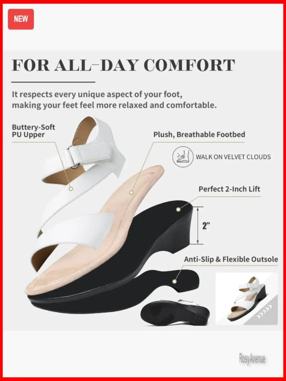 Leather Wedge Sandals with Arch Support Adjustable Strap 2-Inch Platform